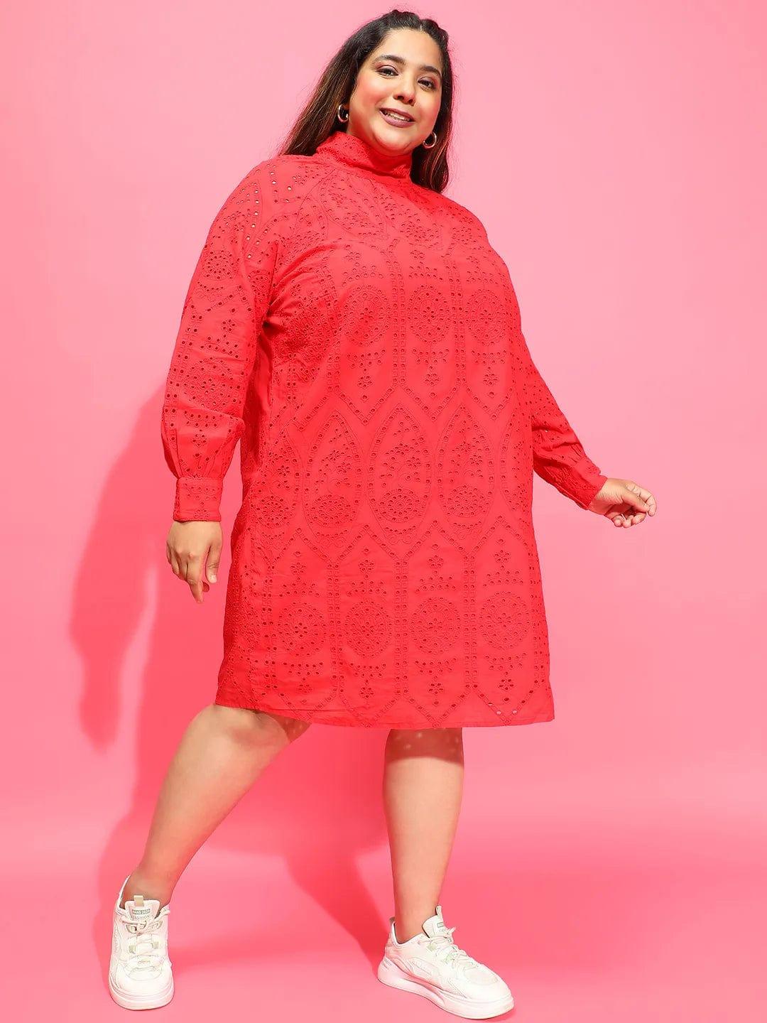 Cardinal Red Long Sleeve Laced Up Women Plus Size Curvy Dress