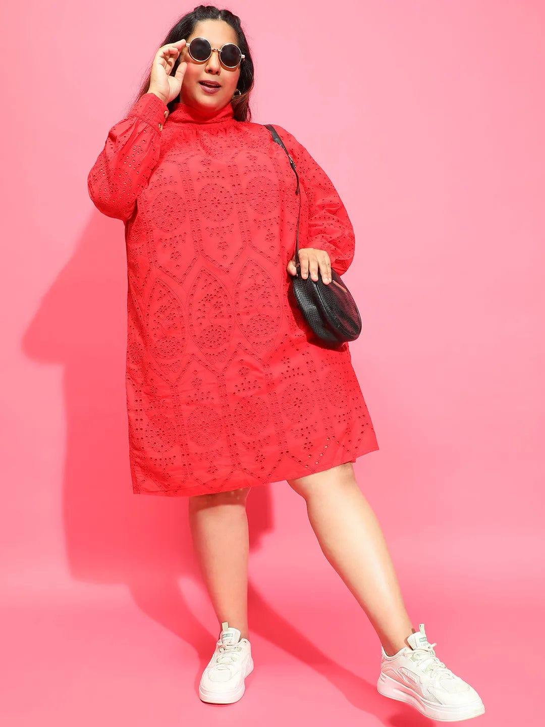 Cardinal Red Long Sleeve Laced Up Women Plus Size Curvy Dress