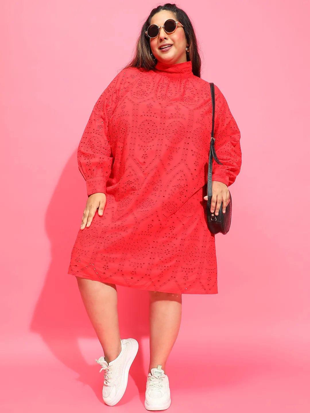 Cardinal Red Long Sleeve Laced Up Women Plus Size Curvy Dress