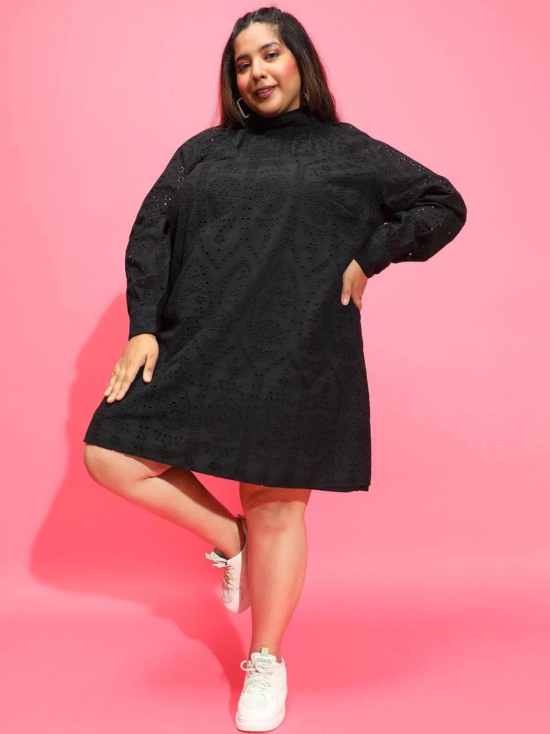 Trot Black Long Sleeve Laced Up Women Plus Size Curvy Dress