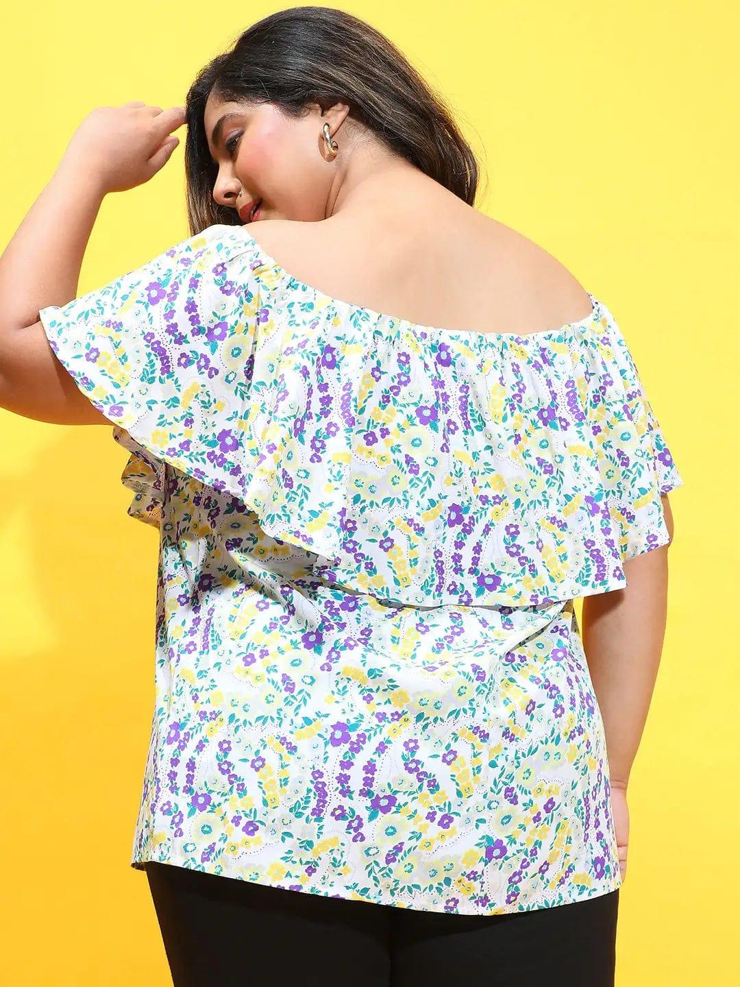 Multicolor Floral Print Ruffle Detail Off-Shoulder Plus Size Loopy Top