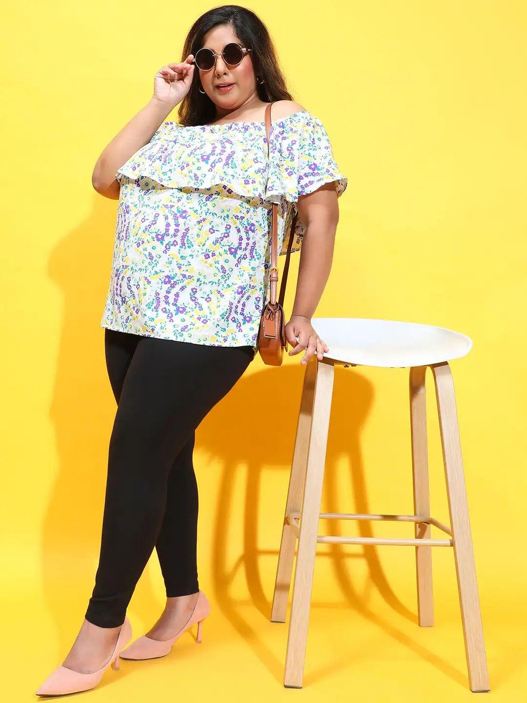 Multicolor Floral Print Ruffle Detail Off-Shoulder Plus Size Loopy Top