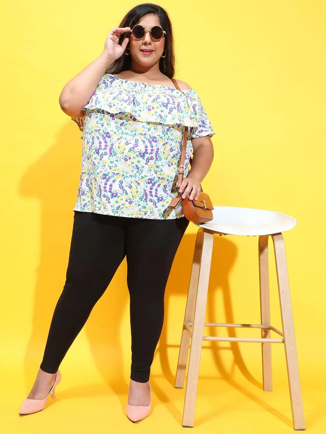 Multicolor Floral Print Ruffle Detail Off-Shoulder Plus Size Loopy Top