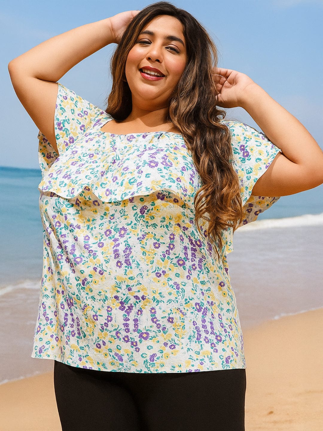 Multicolor Floral Print Ruffle Detail Off-Shoulder Plus Size Loopy Top
