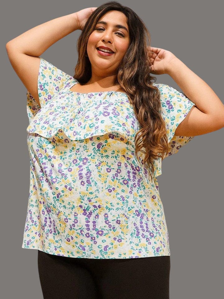 Plus Size Off Shoulder Top - Multicolor Floral Print With Ruffle Detail Blouse
