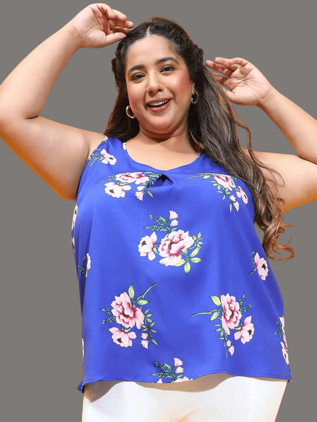 Plus Size Sleeveless Top - Blue Floral Print Lightweight Polyester Blouse