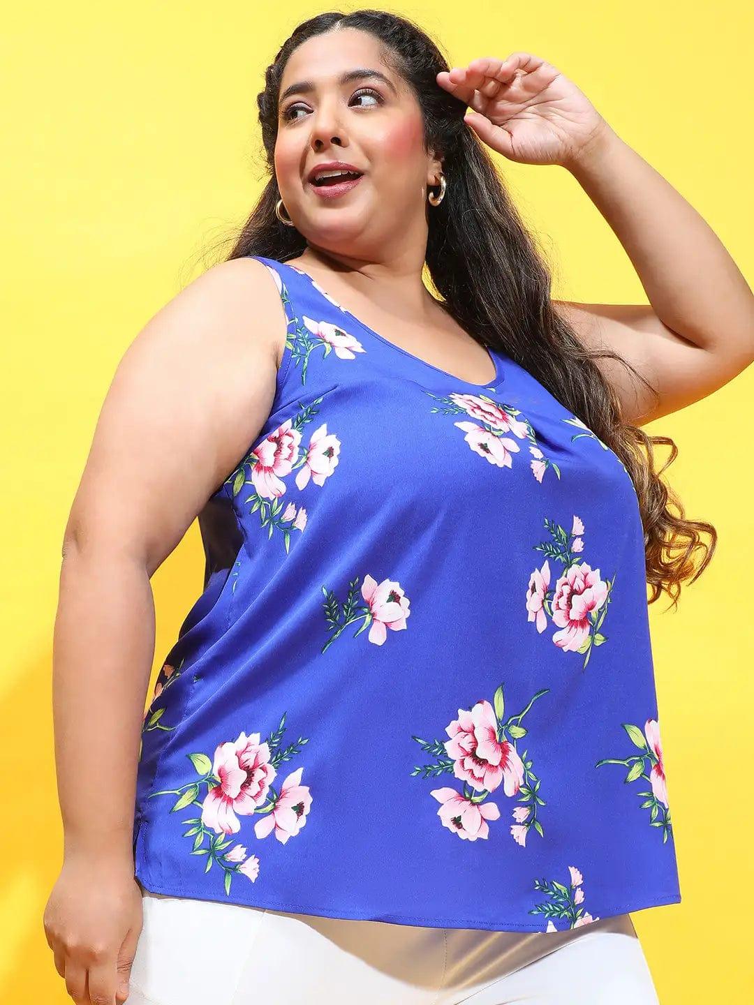 Florid Blue Floral Print Women Plus Size Sleeveless Loopy Top