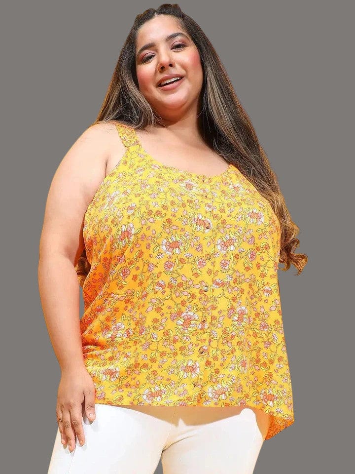 Plus Size Sleeveless Top - Dark Yellow Floral Print Button Down Shirt