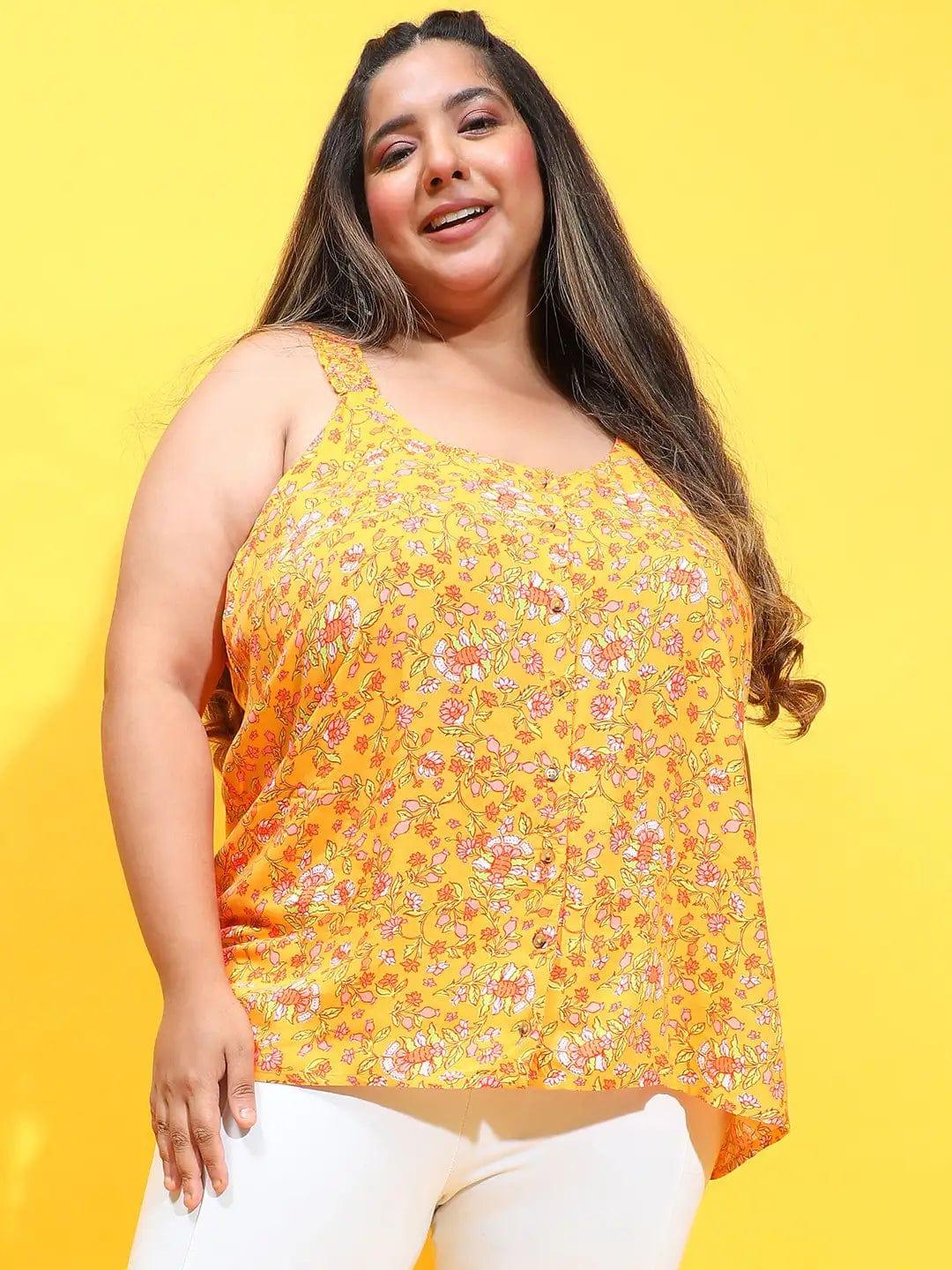 Dark Yellow Floral Print Sleeveless Button Down Plus Size Loopy Top