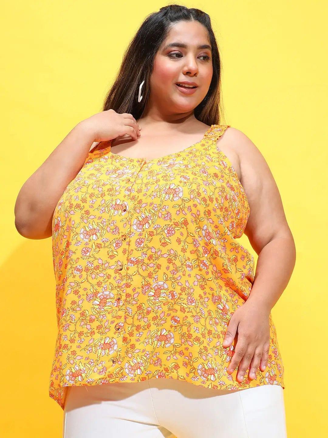 Dark Yellow Floral Print Sleeveless Button Down Plus Size Loopy Top