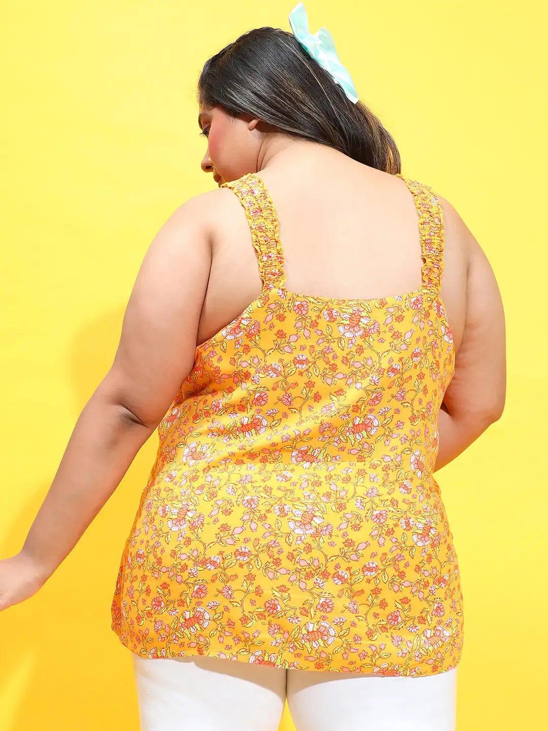 Dark Yellow Floral Print Sleeveless Button Down Plus Size Loopy Top