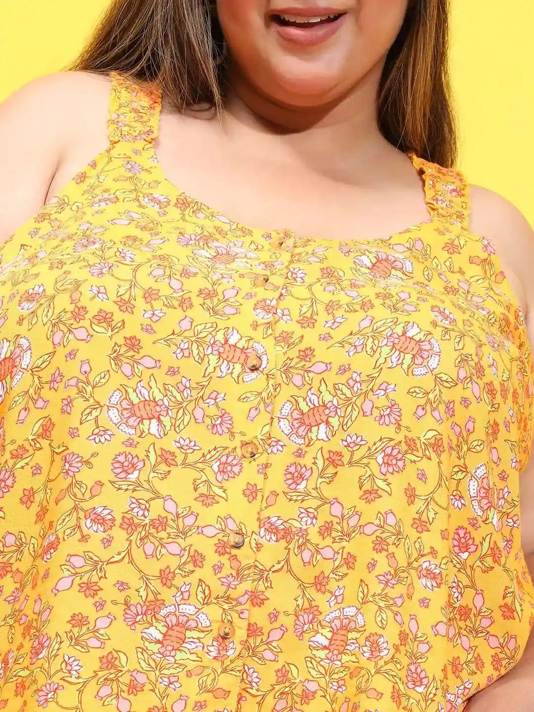 Dark Yellow Floral Print Sleeveless Button Down Plus Size Loopy Top