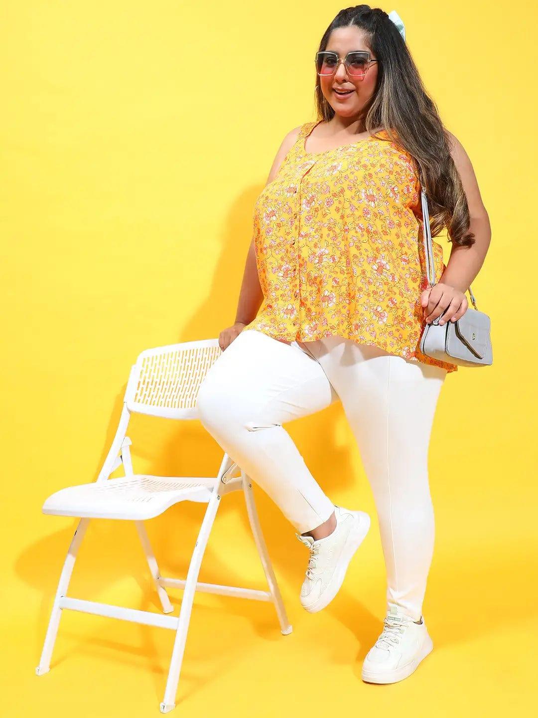 Dark Yellow Floral Print Sleeveless Button Down Plus Size Loopy Top