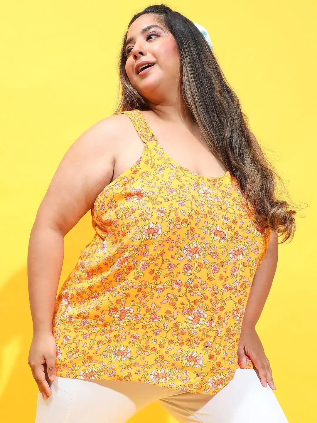 Dark Yellow Floral Print Sleeveless Button Down Plus Size Loopy Top