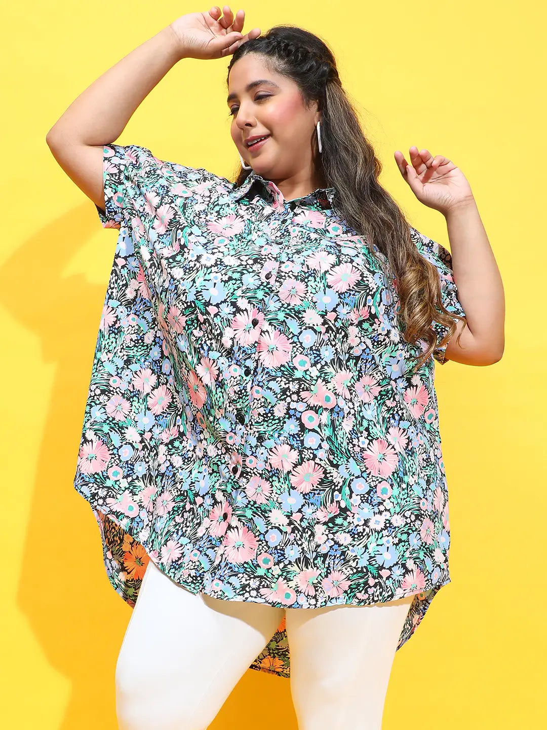 Multicolor Floral Print Button Down Plus Size Shirt Available