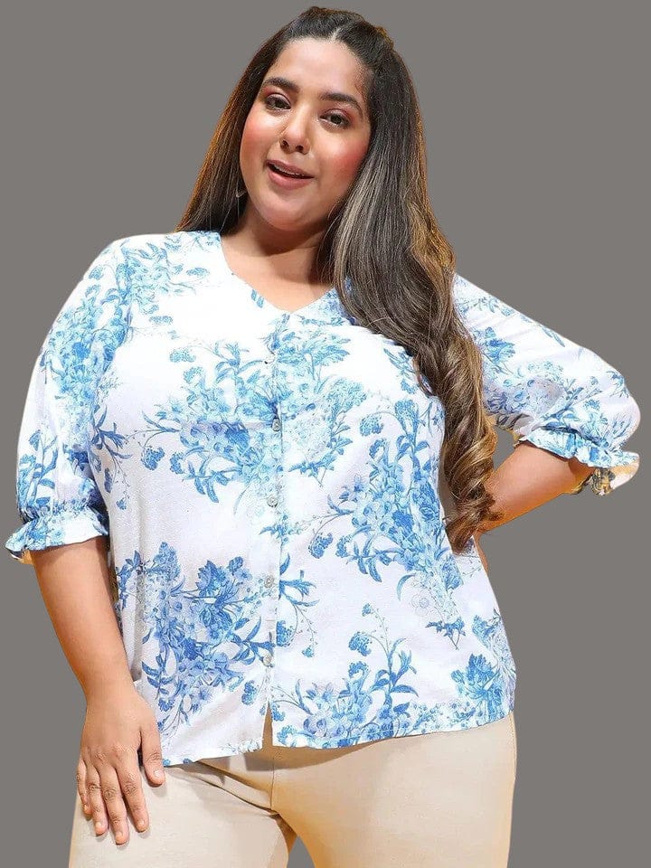 Plus Size Loopy Top - Blue Floral Button Detail 3/4 Sleeve V-Neck Shirt