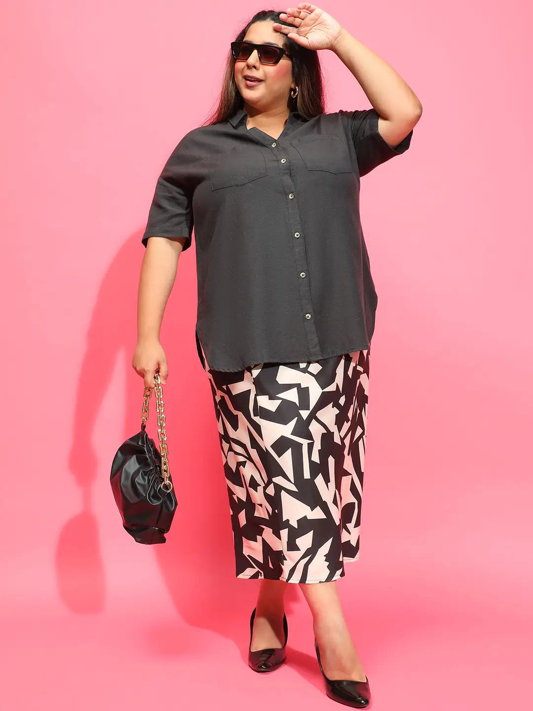 Cobble Black Printed Elasticated Slit Cut Plus Size Skirt