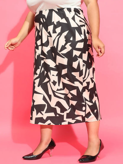 Cobble Black Printed Elasticated Slit Cut Plus Size Skirt