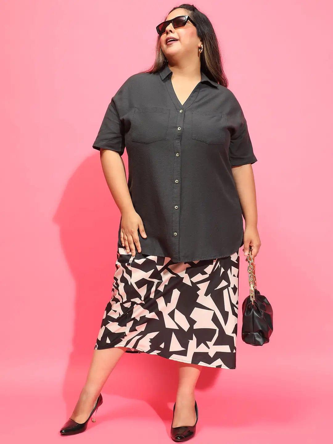 Cobble Black Printed Elasticated Slit Cut Plus Size Skirt