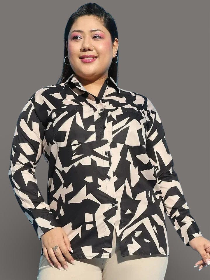 Black Color Printed Long Sleeve Button Down Shirt Plus Size Women Shirt