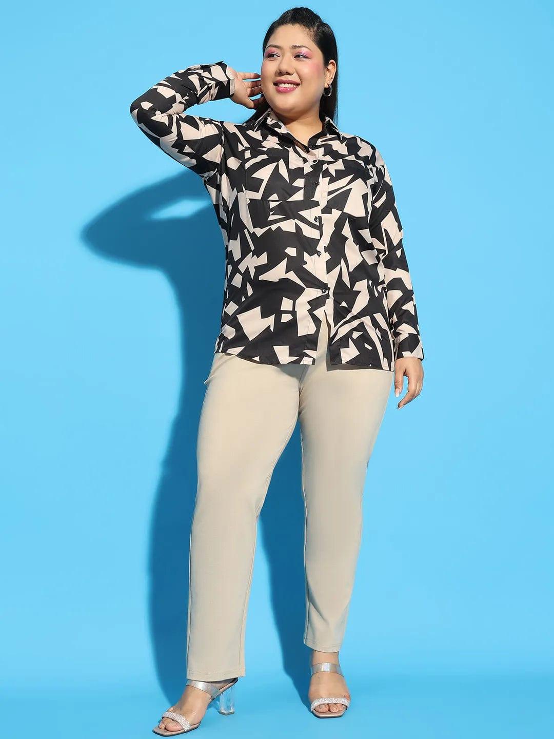 Black Color Printed Long Sleeve Button Down Shirt Plus Size Women Shirt