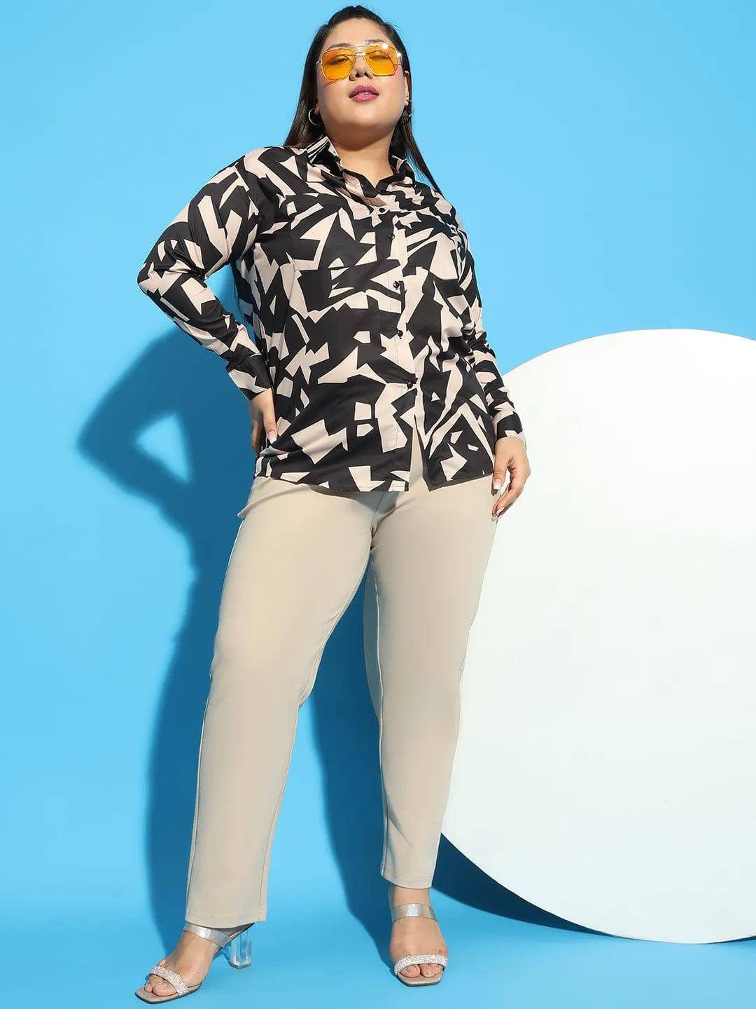 Black Color Printed Long Sleeve Button Down Shirt Plus Size Women Shirt