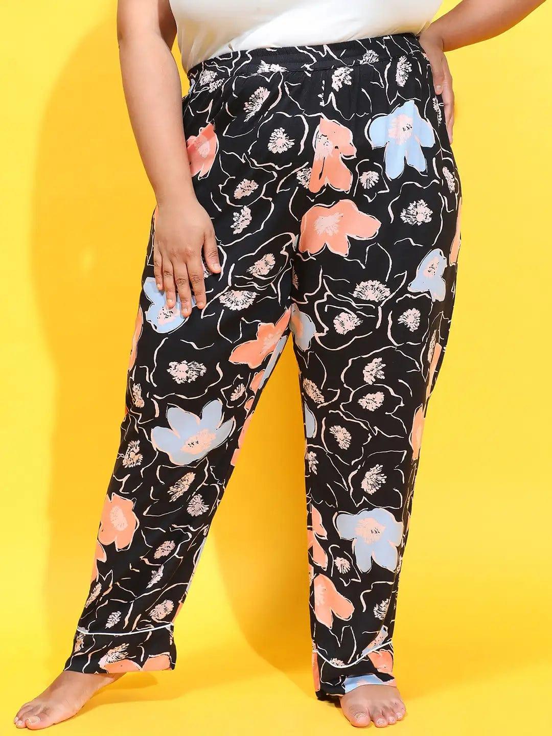 Black Color Floral Printed Elasticated Comfy Women Plus Size Pajama