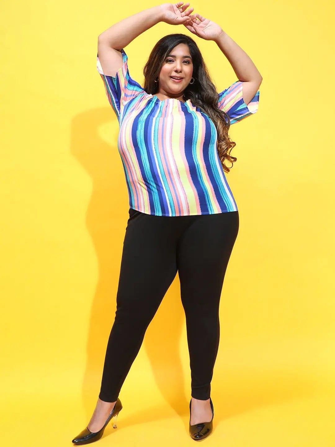 Multicolor Stripe Print Elasticated Off-Shoulder Plus Size Loopy Top