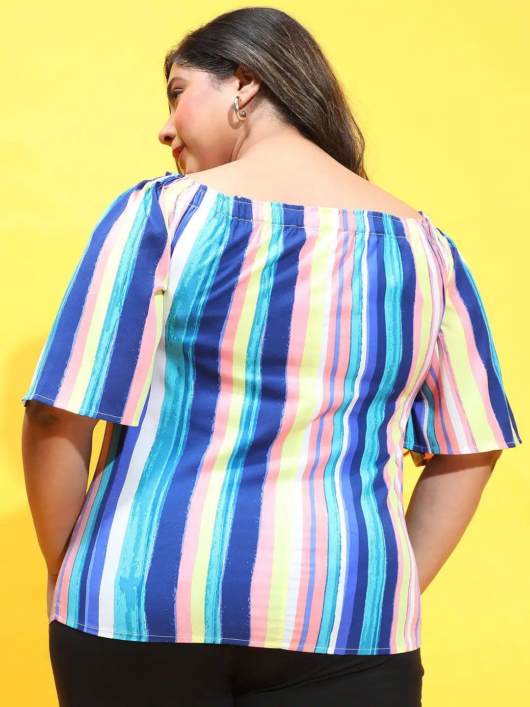 Multicolor Stripe Print Elasticated Off-Shoulder Plus Size Loopy Top