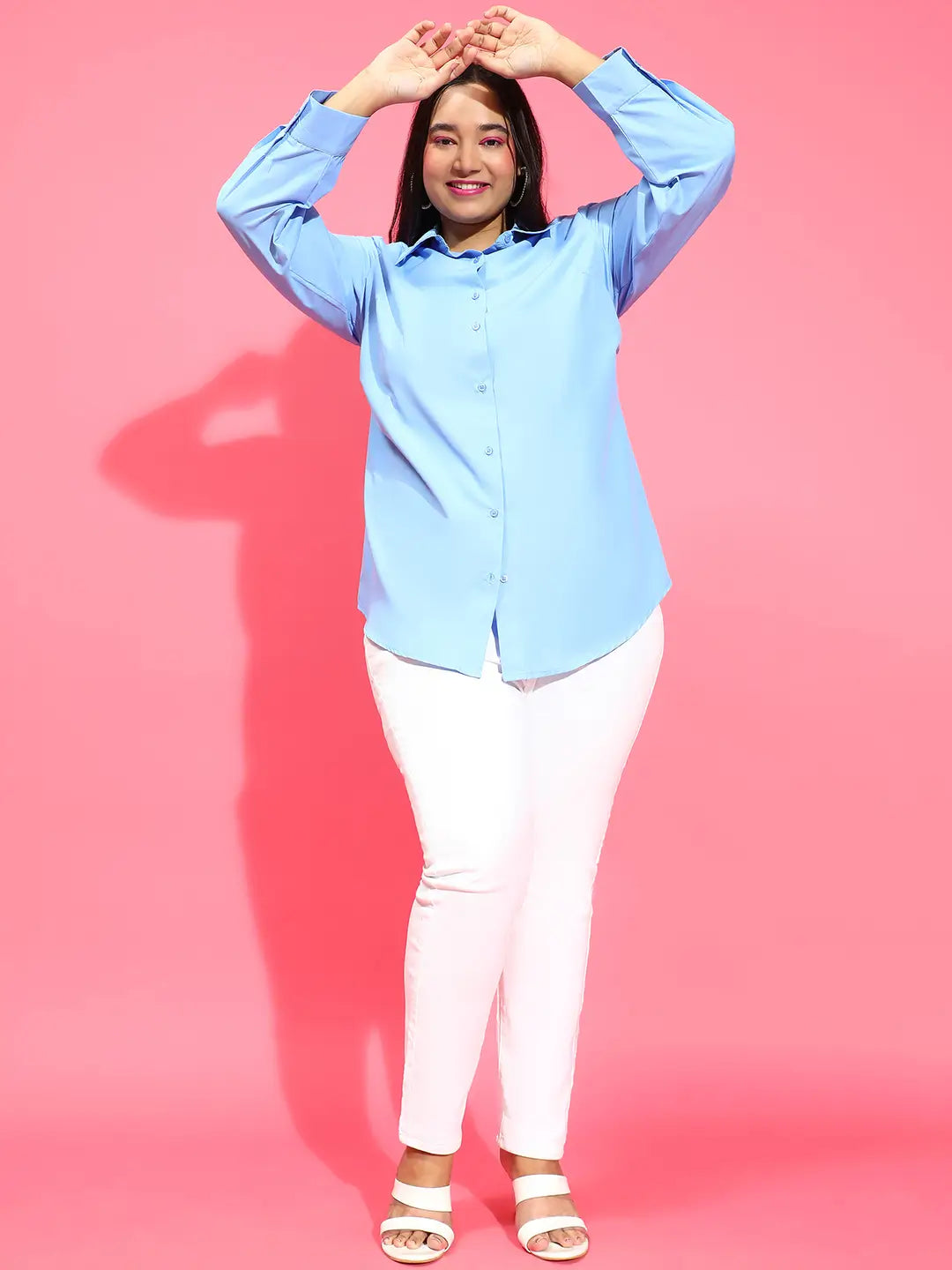 Clear Blue Collared Long Sleeve Plus Size Shirt Available