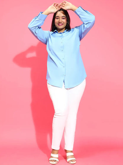 Clear Blue Collared Long Sleeve Plus Size Shirt Available