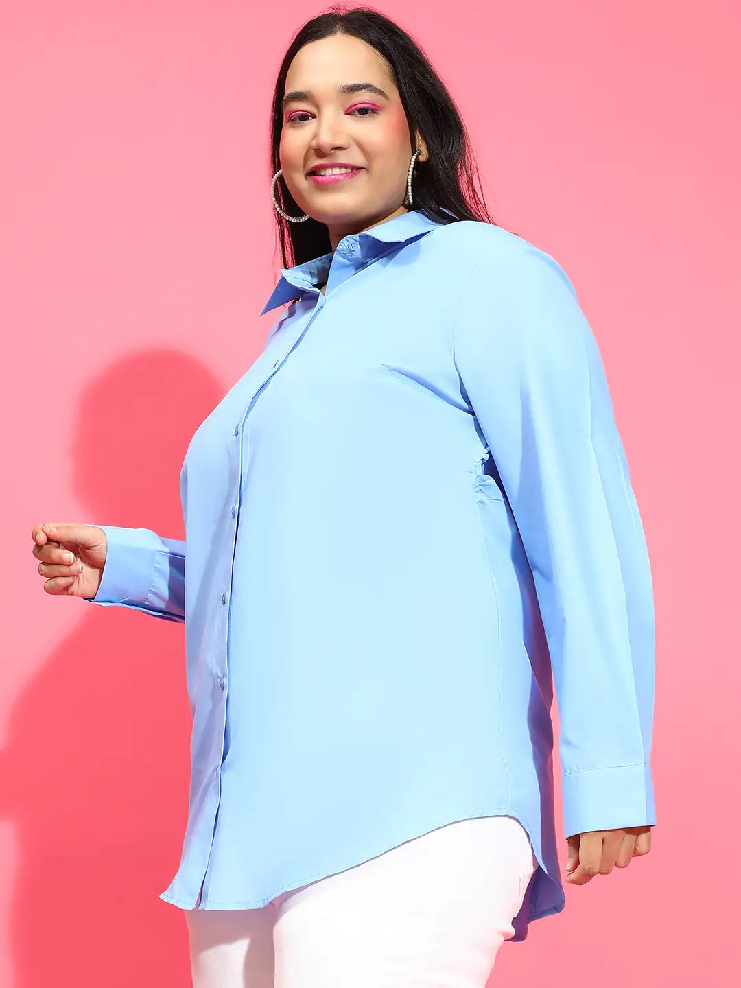 Clear Blue Collared Long Sleeve Plus Size Shirt Available