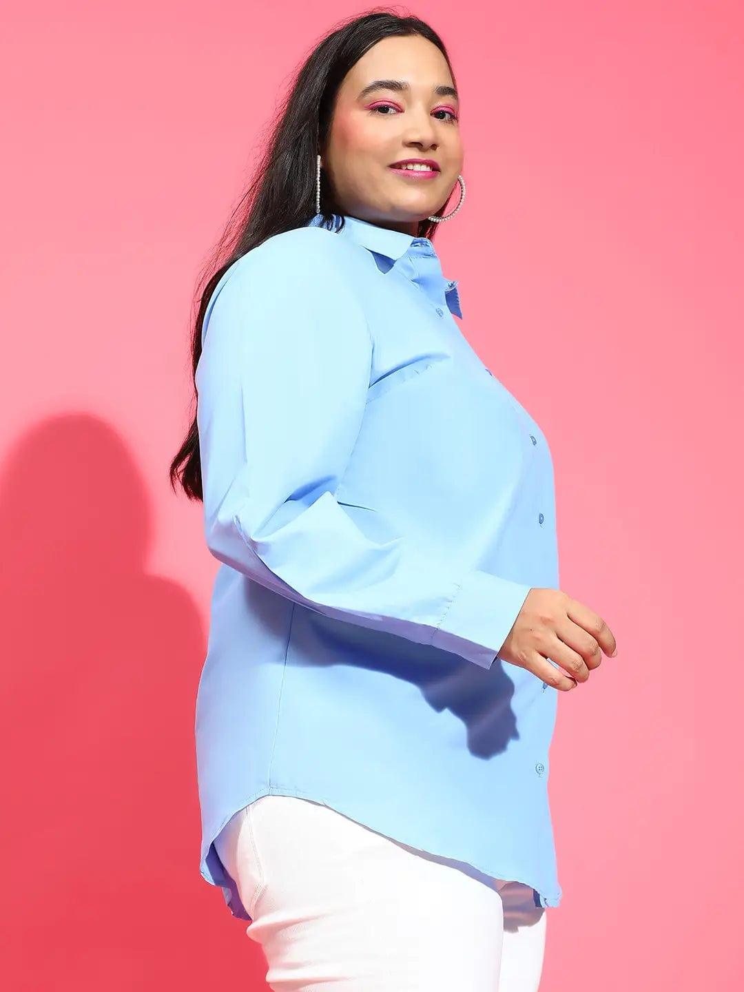 Clear Blue Collared Long Sleeve Plus Size Shirt Available