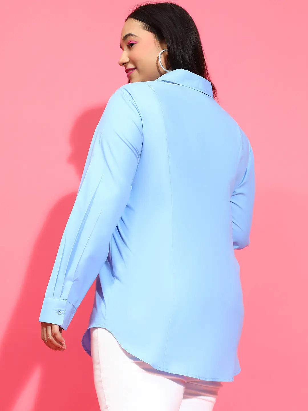 Clear Blue Collared Long Sleeve Plus Size Shirt Available