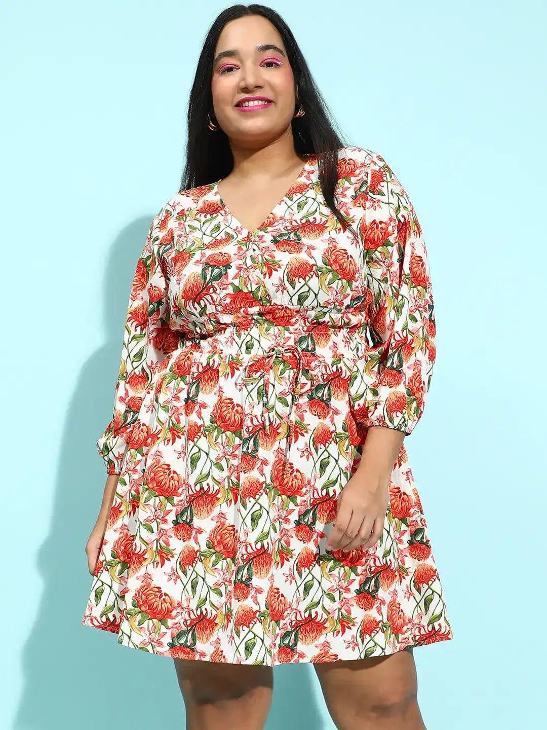 Multicolor Floral Print Elasticated Knee-Length Plus Size Curvy  Dress