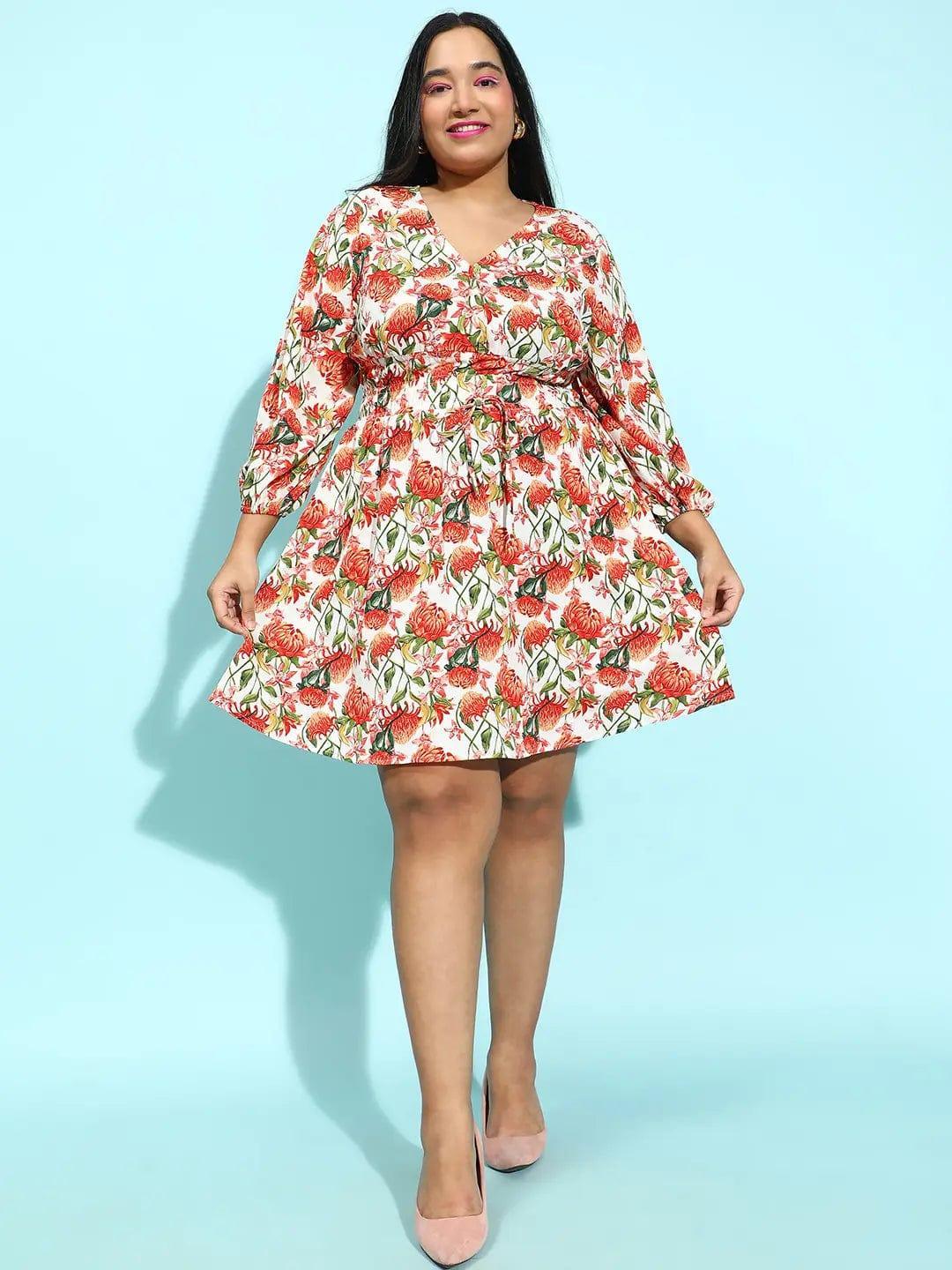 Multicolor Floral Print Elasticated Knee-Length Plus Size Curvy Dress - oxolloxo