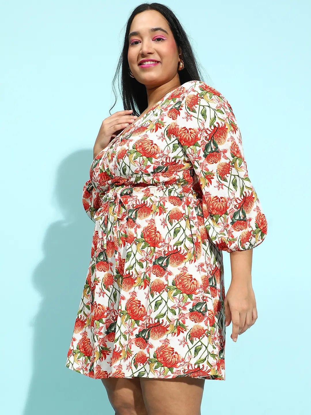 Multicolor Floral Print Elasticated Knee-Length Plus Size Curvy Dress - oxolloxo