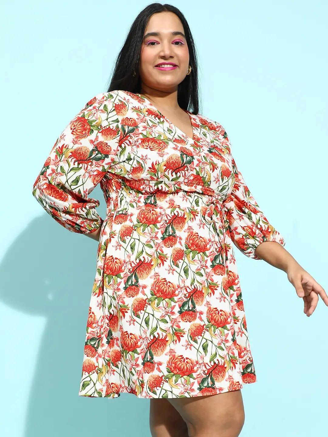 Multicolor Floral Print Elasticated Knee-Length Plus Size Curvy Dress - oxolloxo