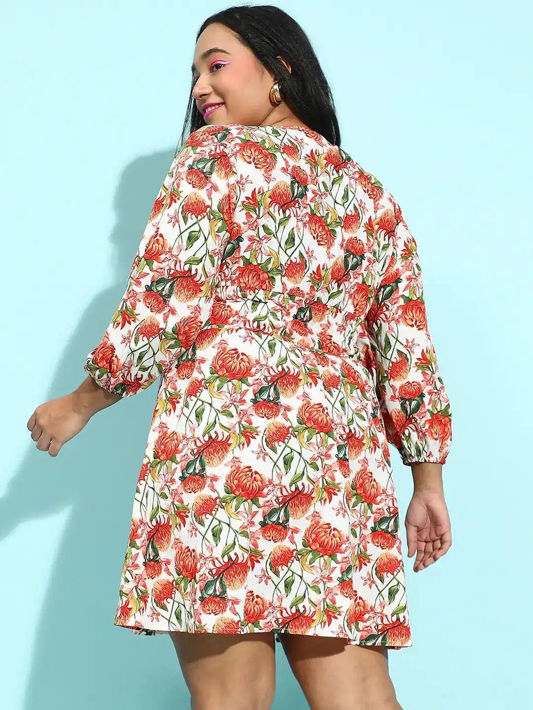 Multicolor Floral Print Elasticated Knee-Length Plus Size Curvy Dress - oxolloxo