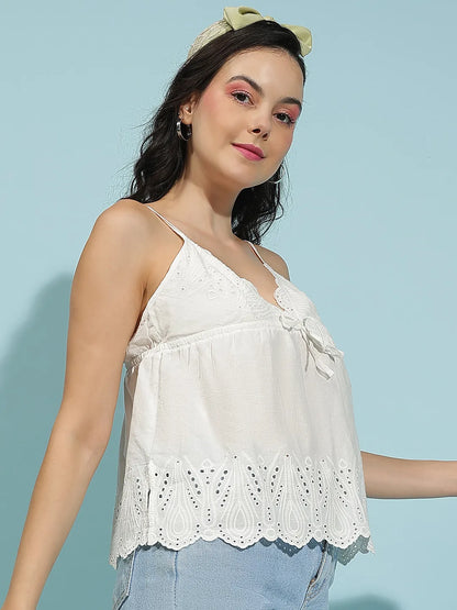 Chic White V-Neck Strappy Women Cotton Top For Summer