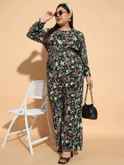 Multicolor Floral Print 3/4 Sleeve Elasticated  Plus Size Women Jumpsuit