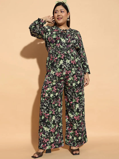 Multicolor Floral Print 3/4 Sleeve Elasticated  Plus Size Women Jumpsuit