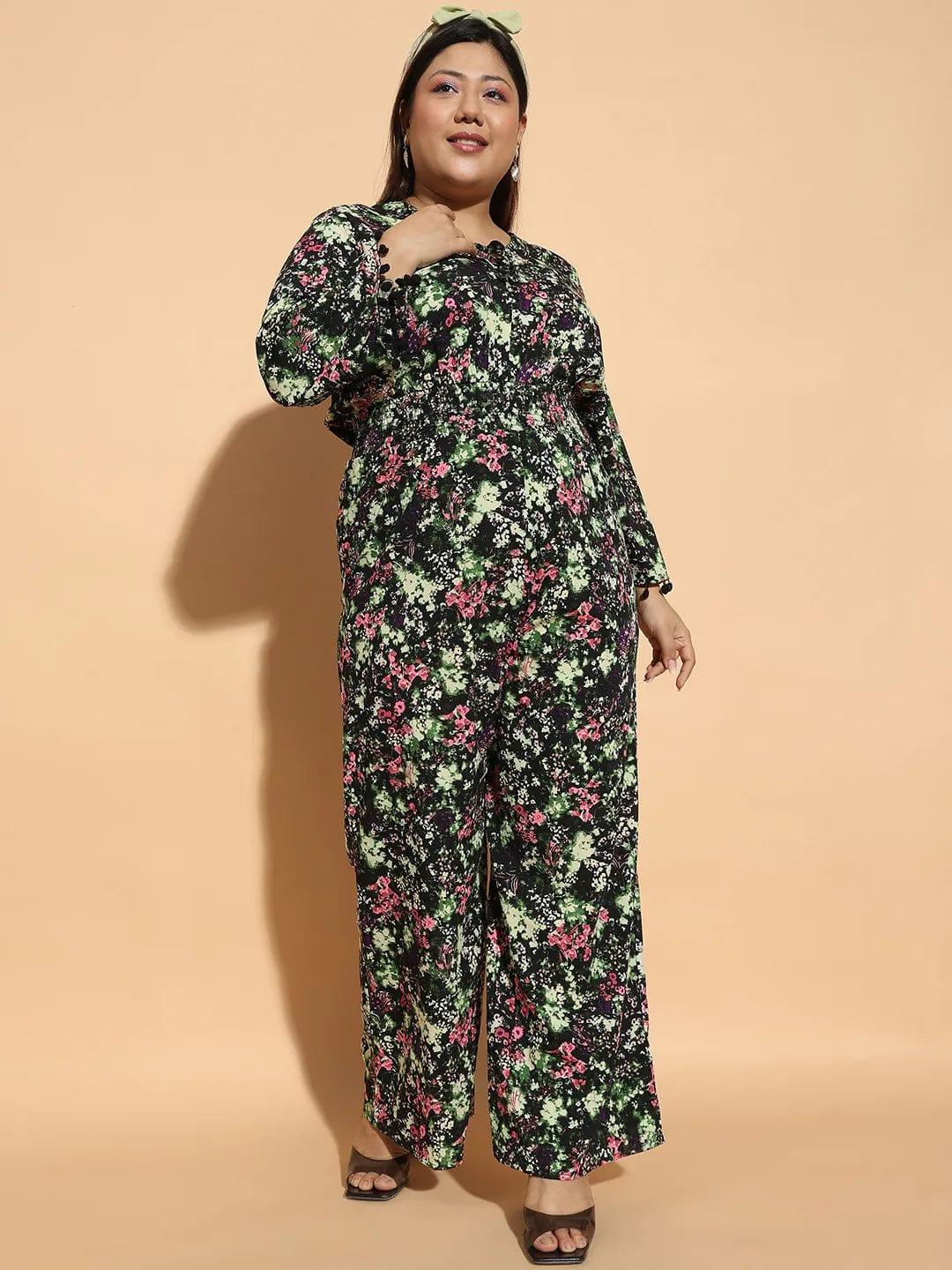 Multicolor Floral Print 3/4 Sleeve Elasticated  Plus Size Women Jumpsuit