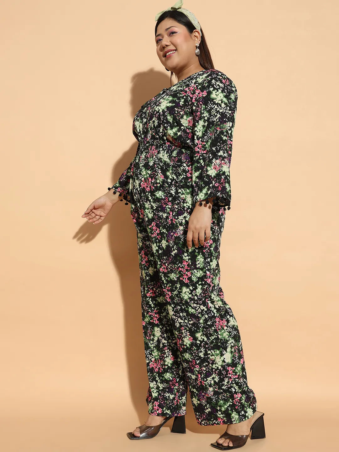 Multicolor Floral Print 3/4 Sleeve Elasticated  Plus Size Women Jumpsuit