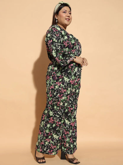 Multicolor Floral Print 3/4 Sleeve Elasticated  Plus Size Women Jumpsuit