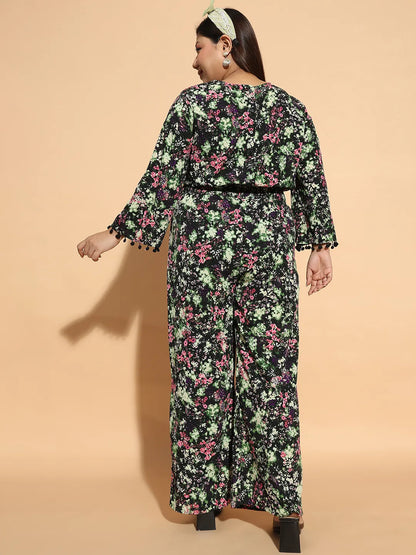 Multicolor Floral Print 3/4 Sleeve Elasticated  Plus Size Women Jumpsuit