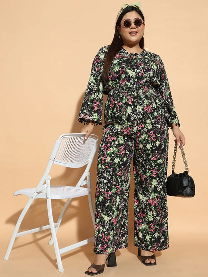 Multicolor Floral Print 3/4 Sleeve Elasticated  Plus Size Women Jumpsuit