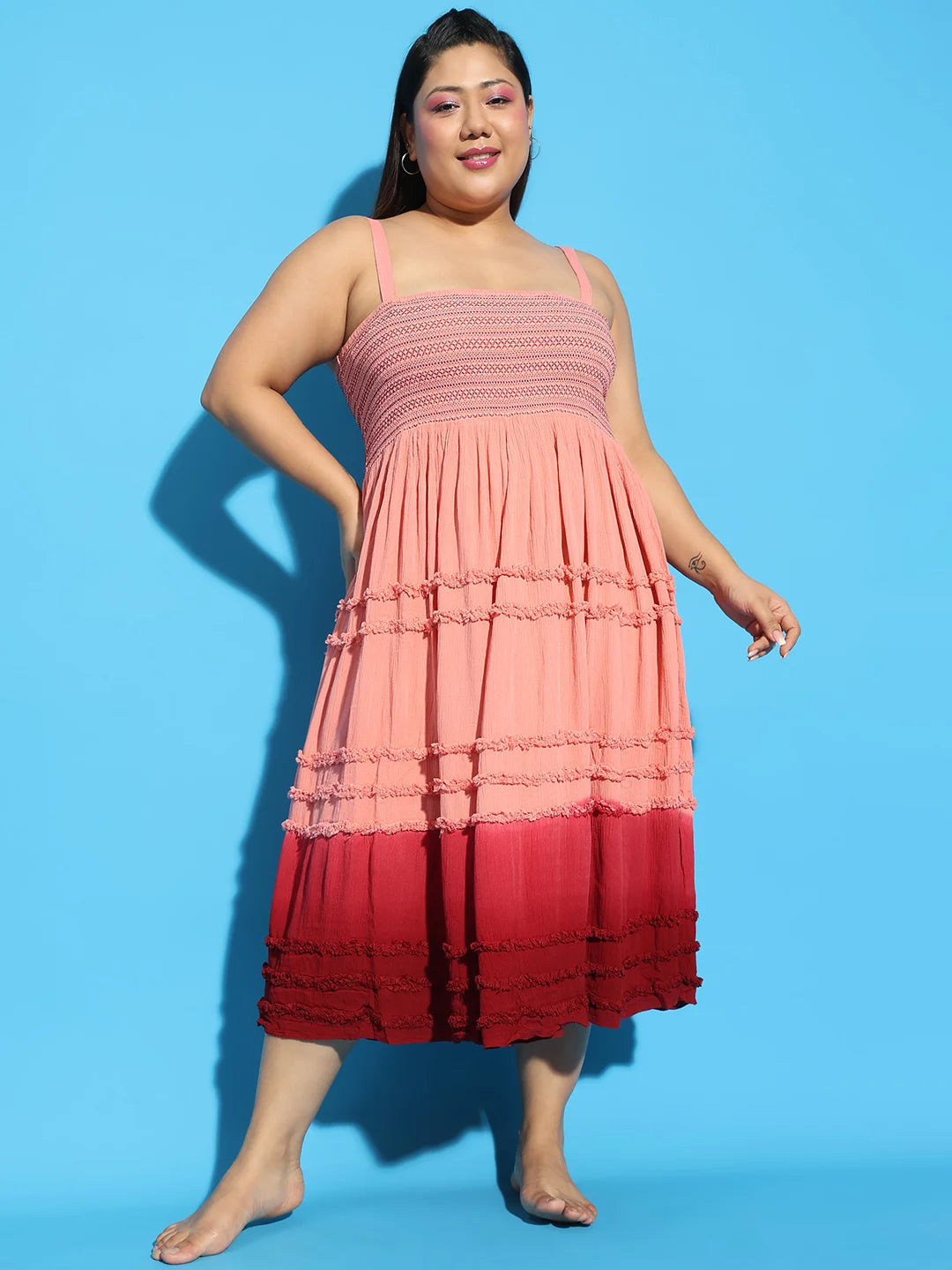 Glinting Pink Tie -Dye Ruffle Detail Smocked Plus Size Women Beachwear Dress