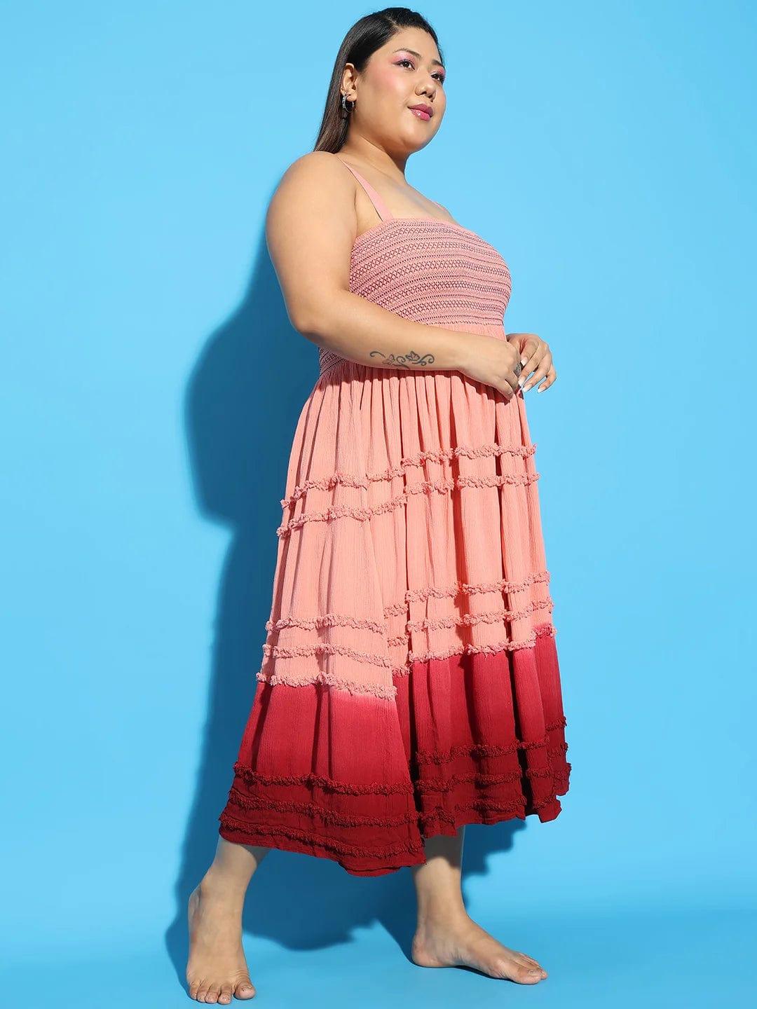 Glinting Pink Tie -Dye Ruffle Detail Smocked Plus Size Curvy Women Beachwear Dress