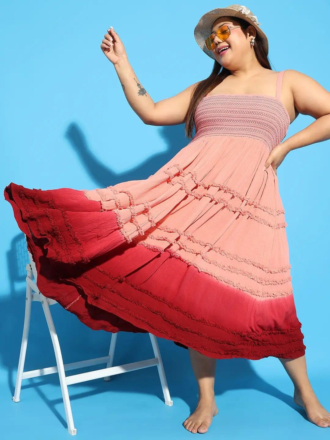 Glinting Pink Tie -Dye Ruffle Detail Smocked Plus Size Curvy Women Beachwear Dress